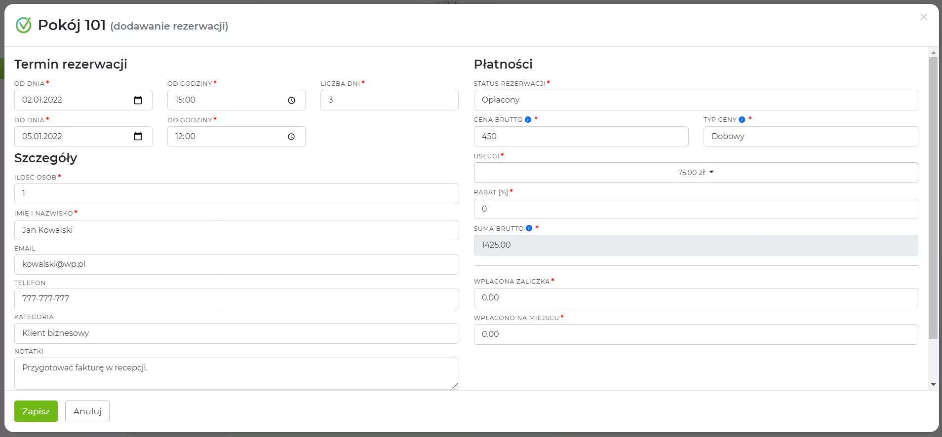 Obraz rezerwacji dodawanej w systemie CALDIS