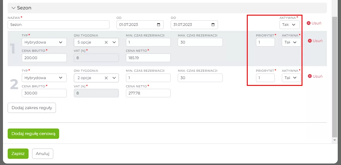 Aktywacja/dezaktywacja reguł cenowych
