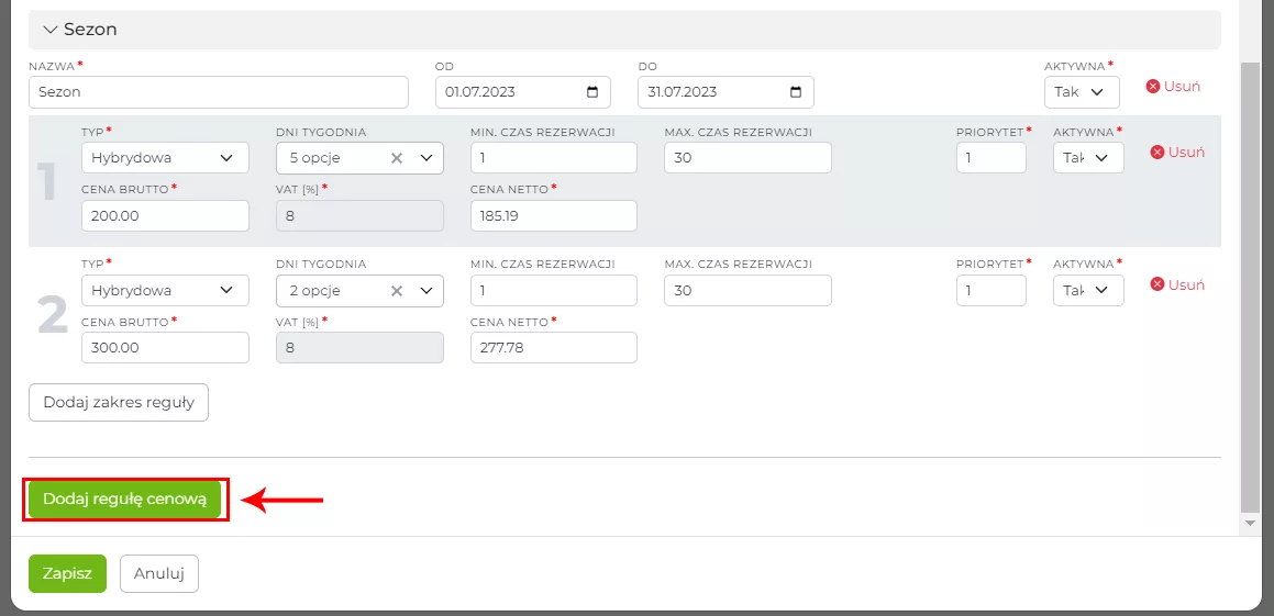Dodawanie kolejnych reguł cenowych