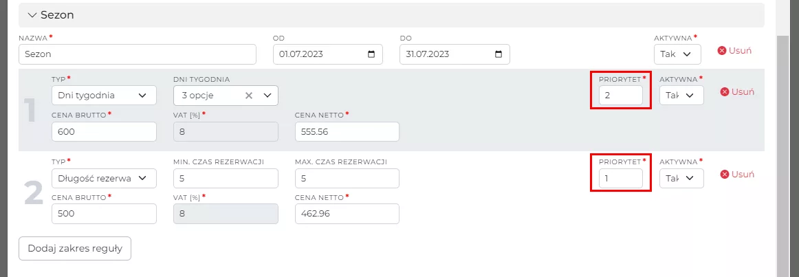 Priorytety reguł cenowych