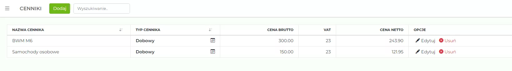 Dodawanie cenników