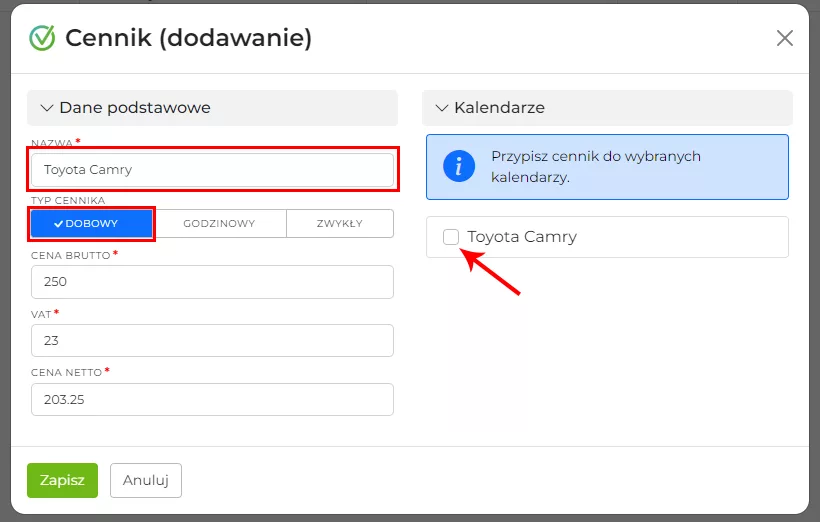 Dodawanie cenników